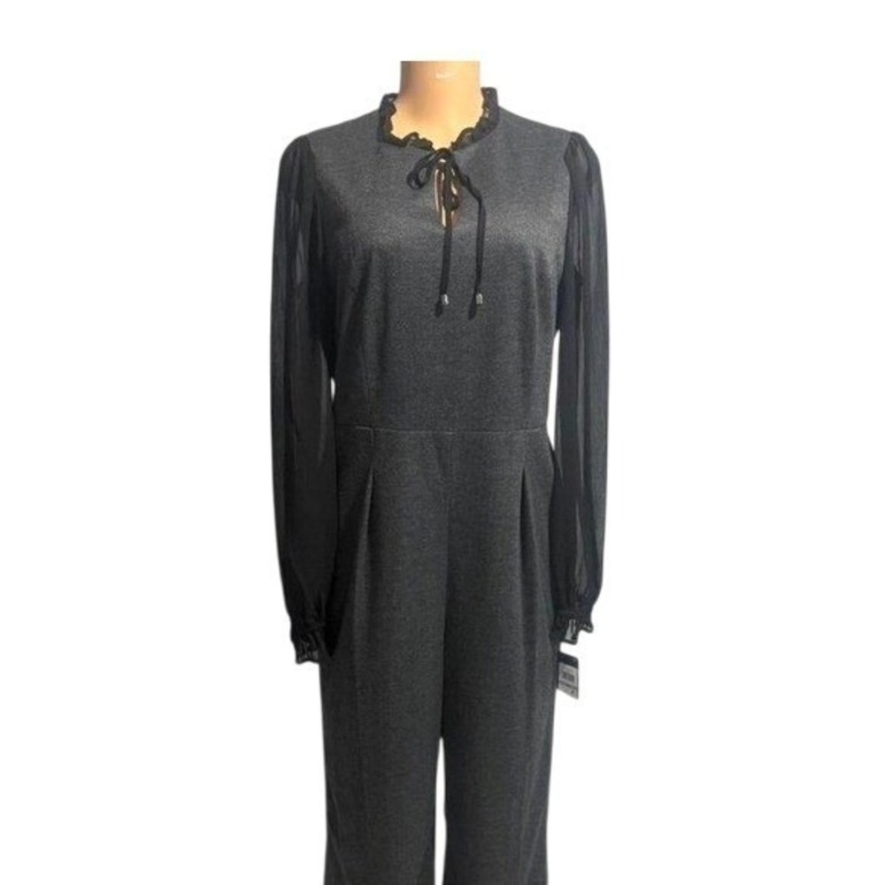 Tommy Hilfiger Women's Dark Gray Wide Leg Jumpsuit Sheer Sleeve Tie Neck Size 12